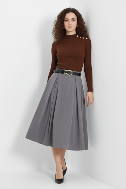 Gold Düğmeli Balıkçı Yaka Fitilli Kaşkorse Bluz -  Açık Kahve