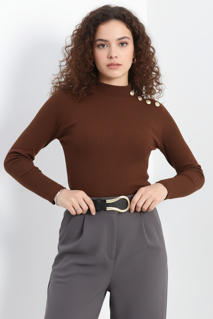 Gold Düğmeli Balıkçı Yaka Fitilli Kaşkorse Bluz -  Açık Kahve