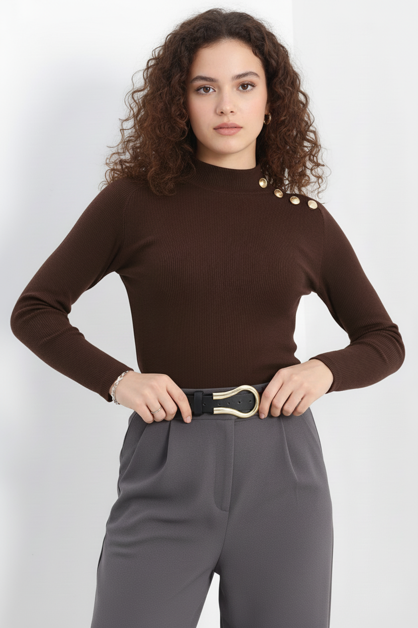 Gold Düğmeli Balıkçı Yaka Fitilli Kaşkorse Bluz – Kahverengi