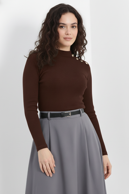 Gold Düğmeli Balıkçı Yaka Fitilli Kaşkorse Bluz – Kahverengi