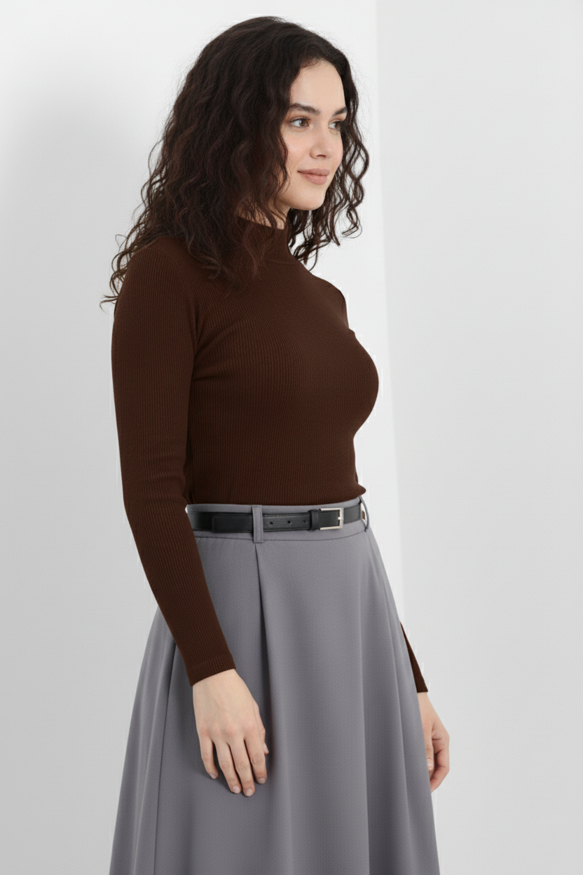 Gold Düğmeli Balıkçı Yaka Fitilli Kaşkorse Bluz – Kahverengi