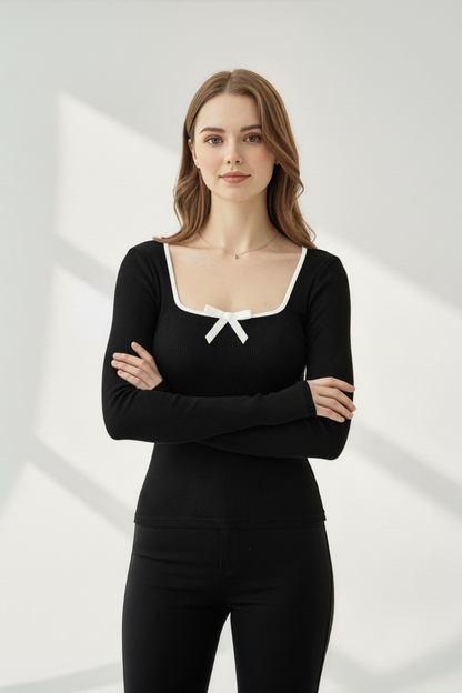 Kare Yaka Kurdele Detay Kaşkorse Bluz - Siyah