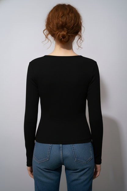 Balıkçı Yaka Cut Out Kesimli Fitilli Kaşkorse Bluz – Siyah