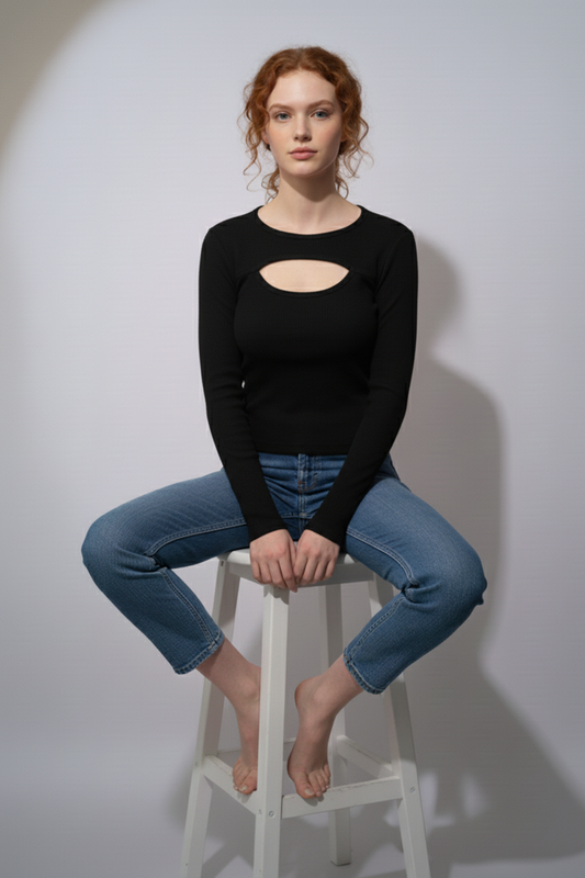 Balıkçı Yaka Cut Out Kesimli Fitilli Kaşkorse Bluz – Siyah