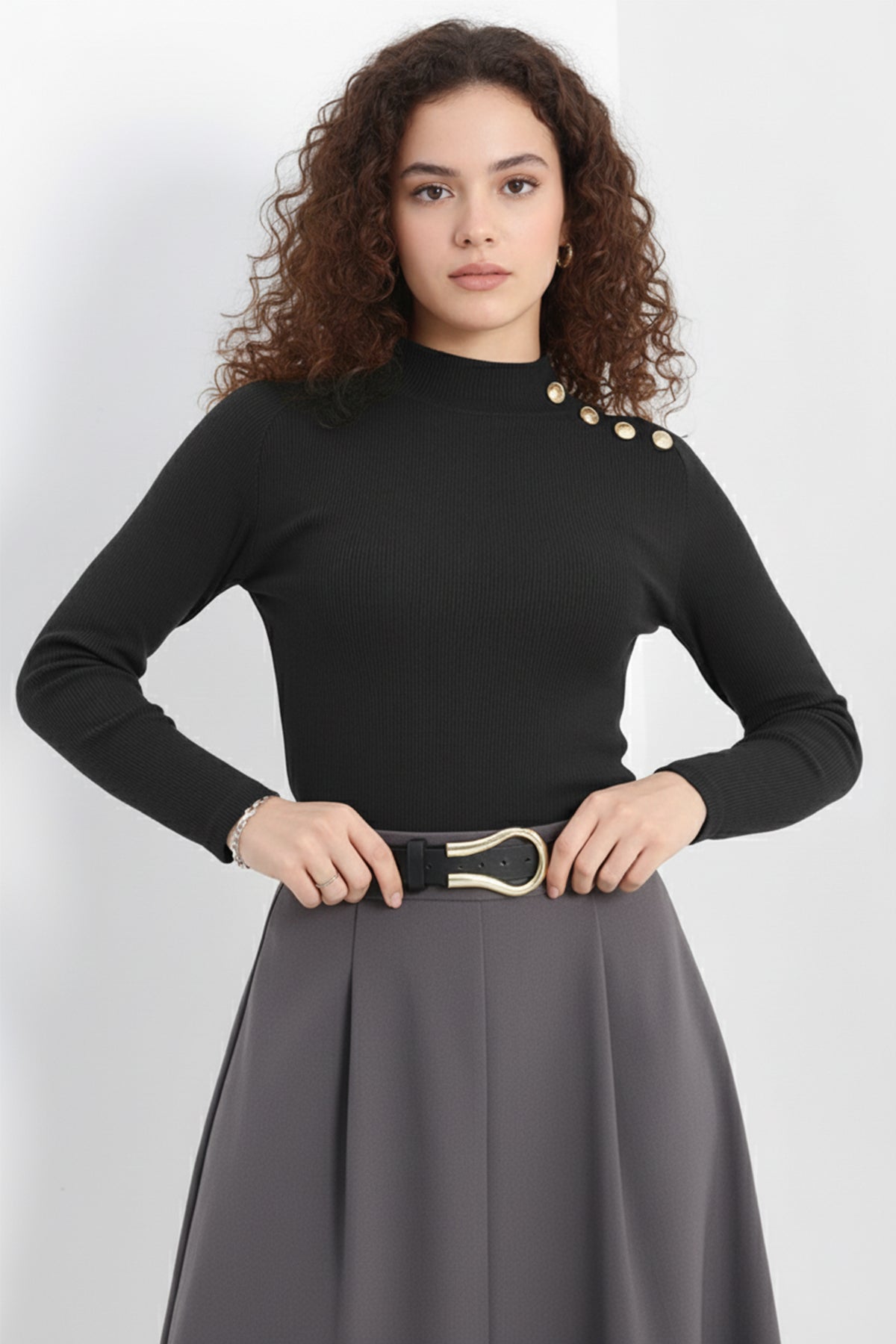 Gold Düğmeli Balıkçı Yaka Fitilli Kaşkorse Bluz - Antrasit