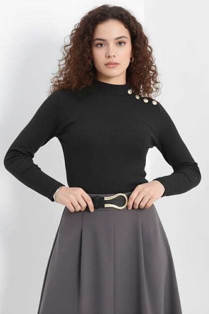 Gold Düğmeli Balıkçı Yaka Fitilli Kaşkorse Bluz - Antrasit