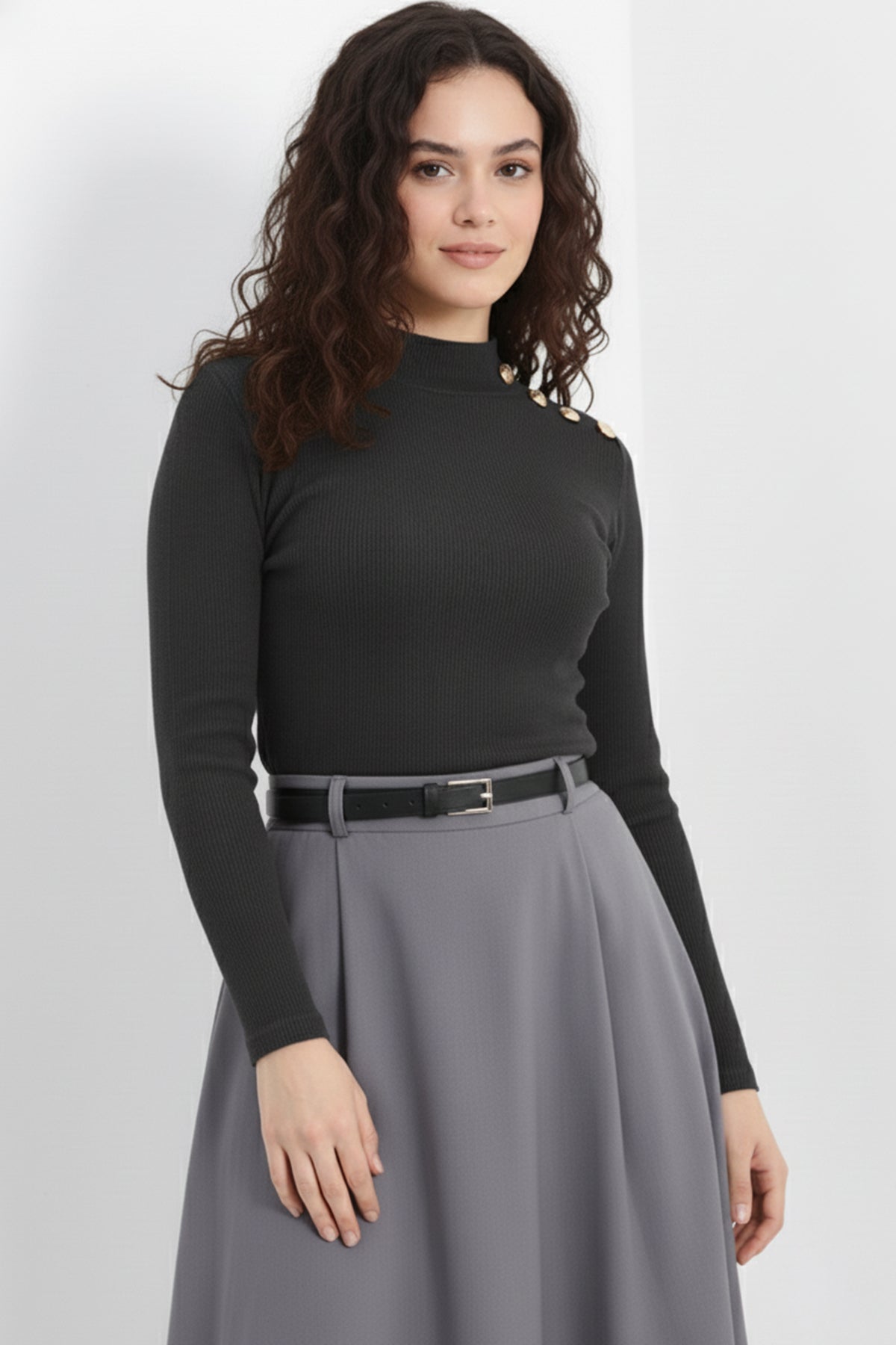 Gold Düğmeli Balıkçı Yaka Fitilli Kaşkorse Bluz - Antrasit