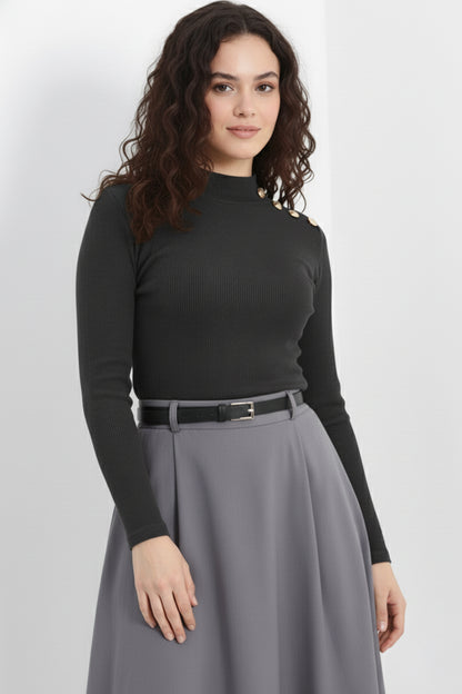 Gold Düğmeli Balıkçı Yaka Fitilli Kaşkorse Bluz - Antrasit