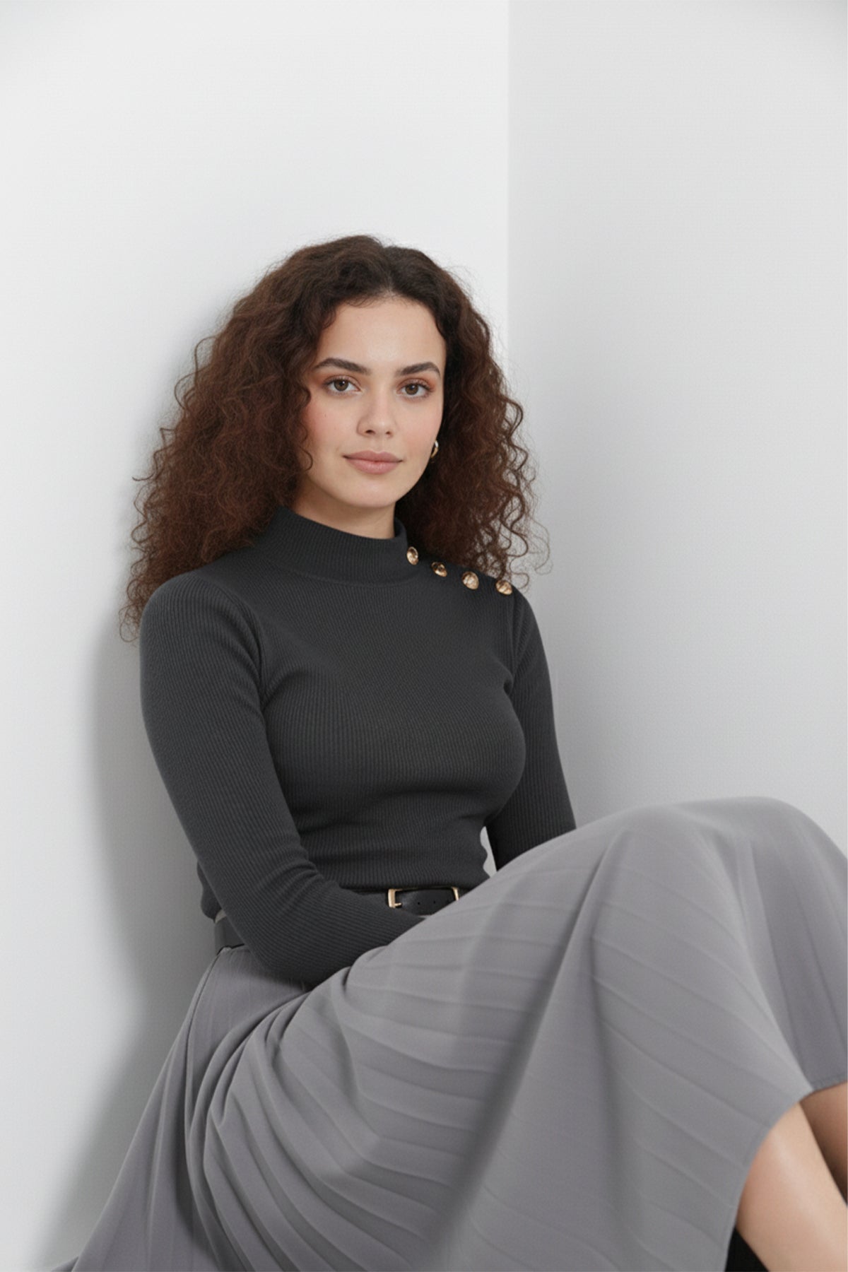 Gold Düğmeli Balıkçı Yaka Fitilli Kaşkorse Bluz - Antrasit