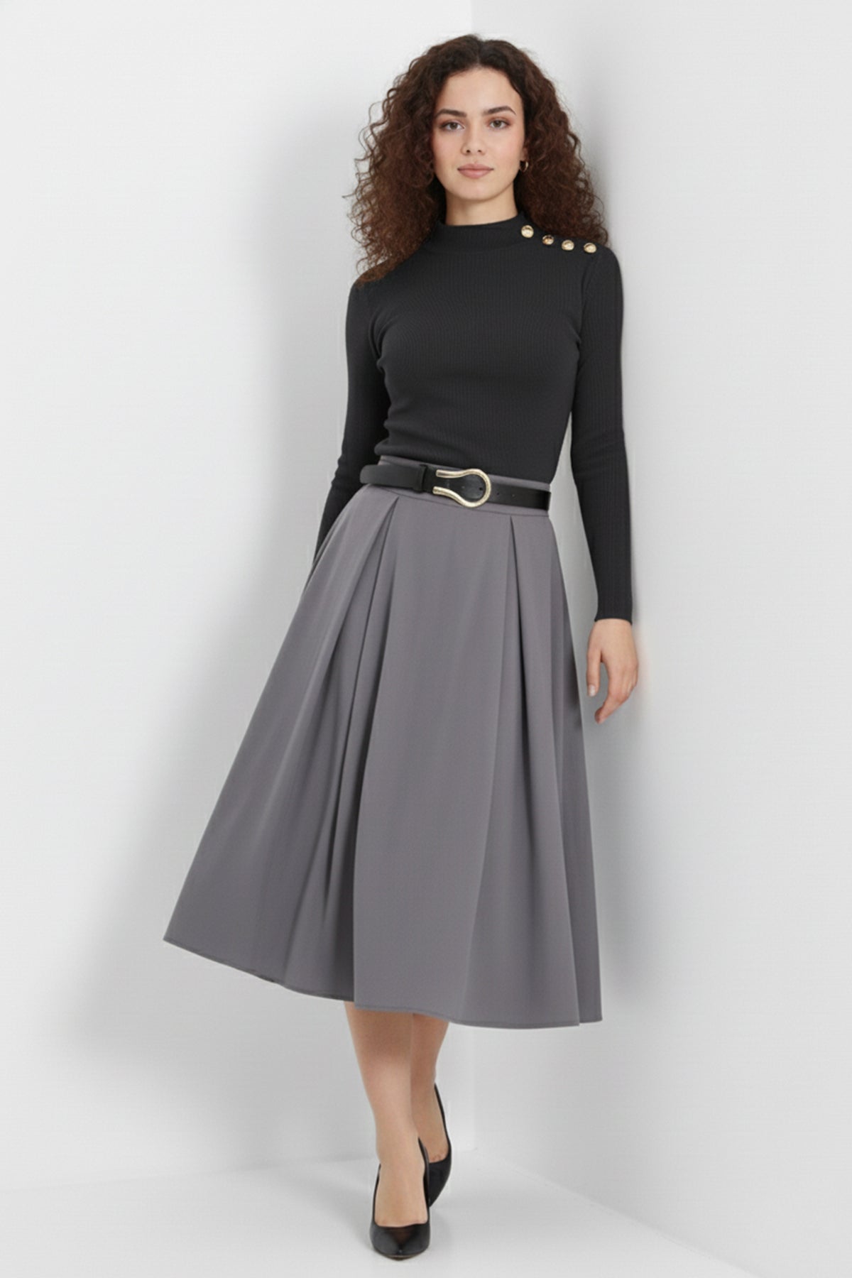 Gold Düğmeli Balıkçı Yaka Fitilli Kaşkorse Bluz - Antrasit