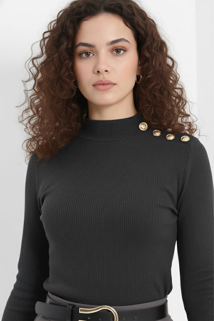 Gold Düğmeli Balıkçı Yaka Fitilli Kaşkorse Bluz - Antrasit