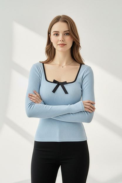Kare Yaka Kurdele Detay Kaşkorse Bluz - Bebe Mavi