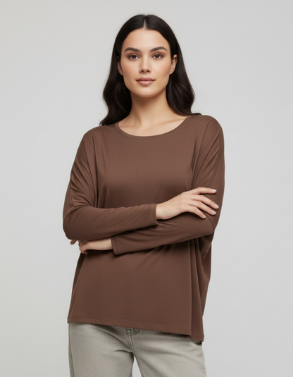 Kahverengi Basic Uzun Kollu Viskon Kadın Bluz