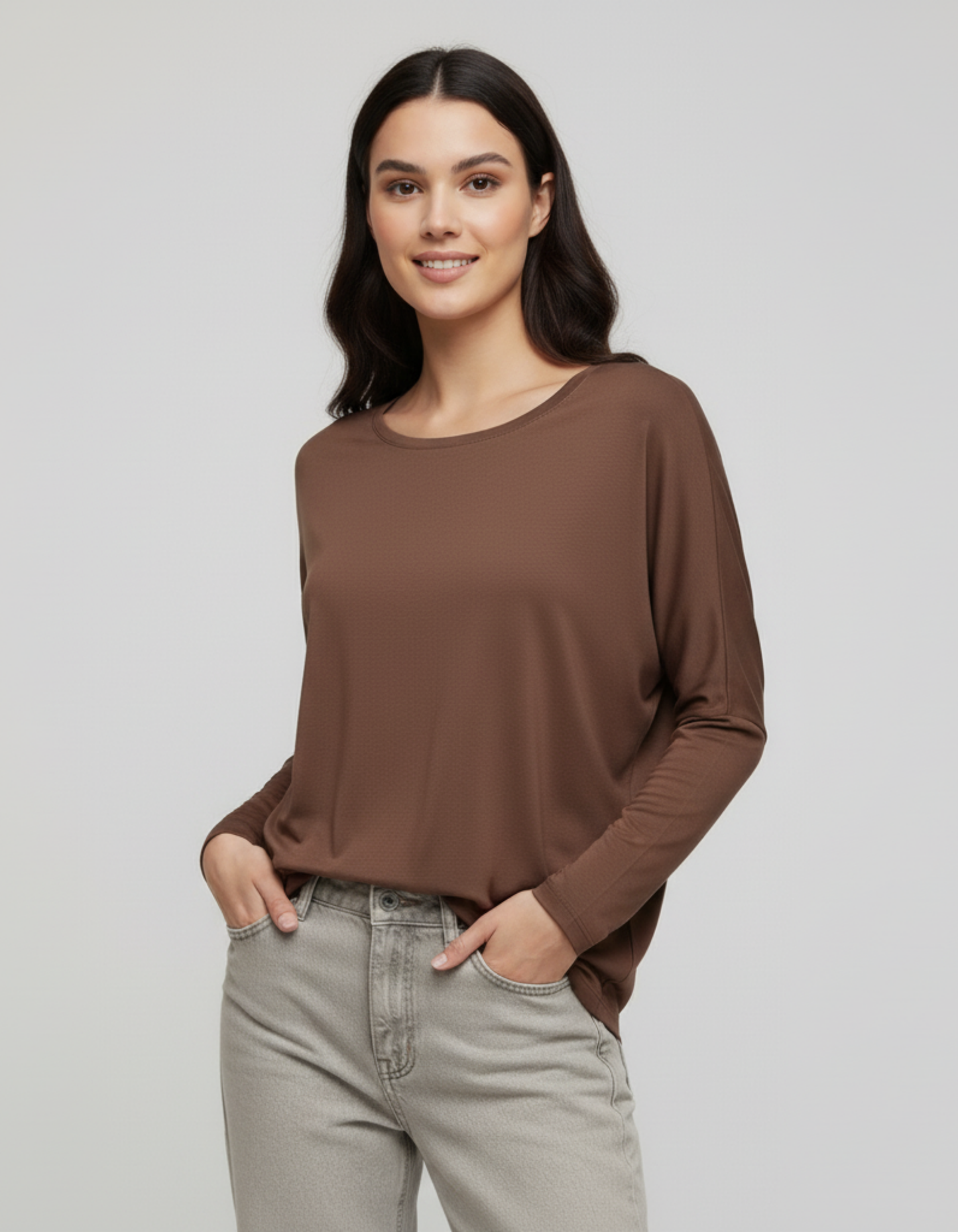 Kahverengi Basic Uzun Kollu Viskon Kadın Bluz