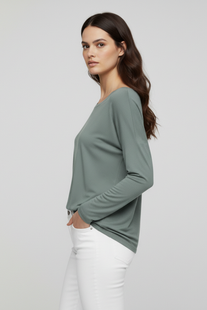 Yeşil Basic Uzun Kollu Viskon Kadın Bluz
