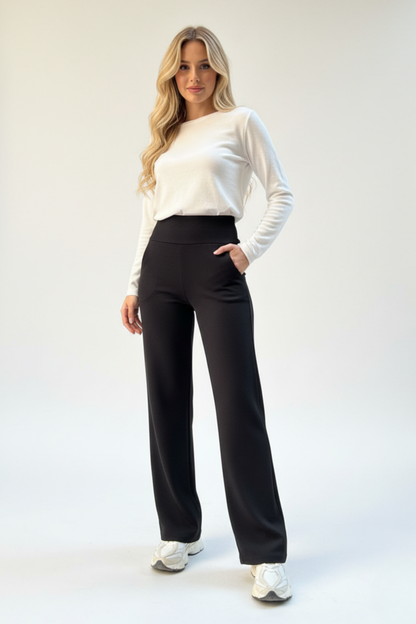 Kadın Süper Yüksek Bel Korsaj Bol Kesim Krep Pantolon – Siyah