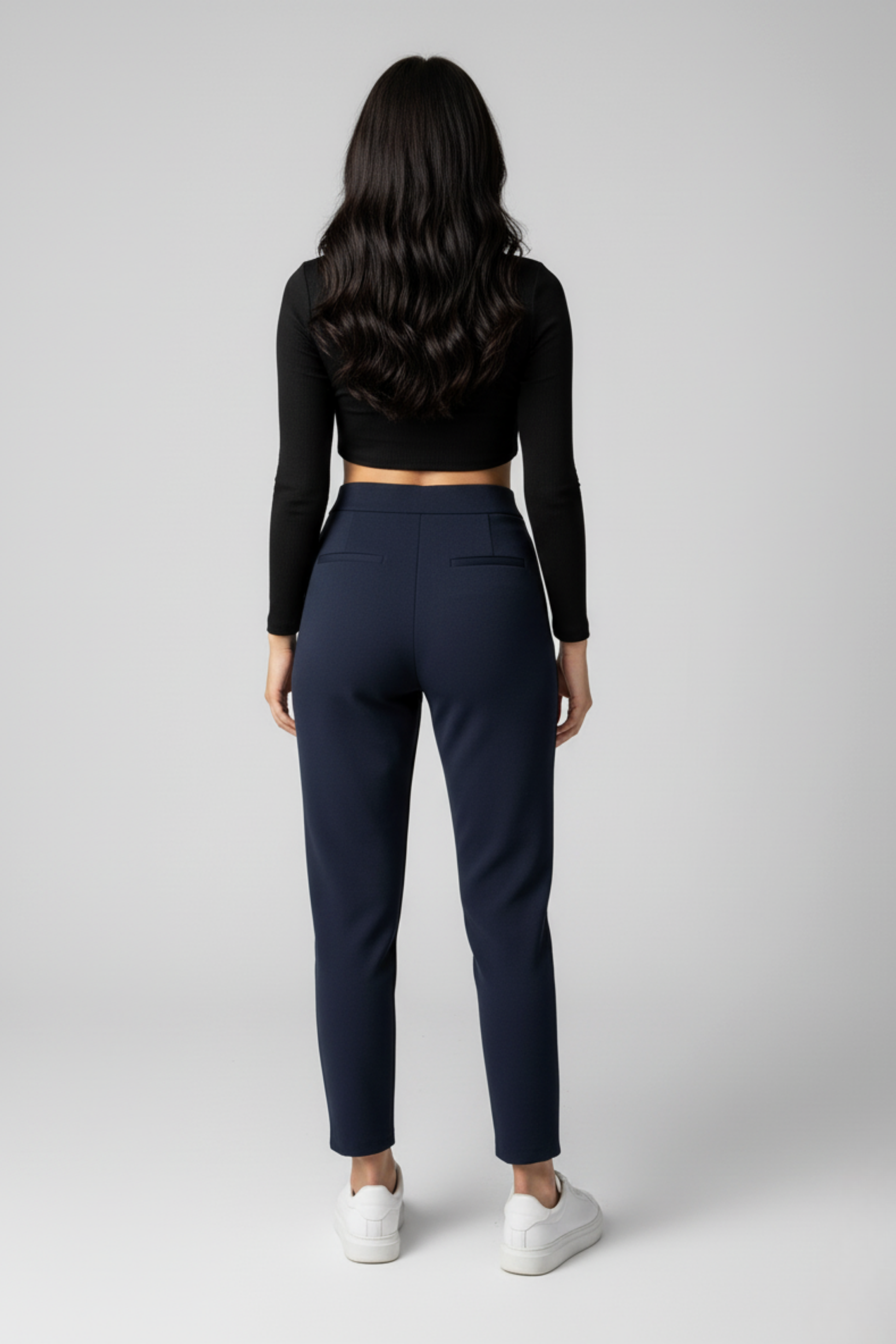 Kadın Yüksek Bel Çift Düğmeli Havuç Model Bilek Boy Krep Pantolon – Lacivert