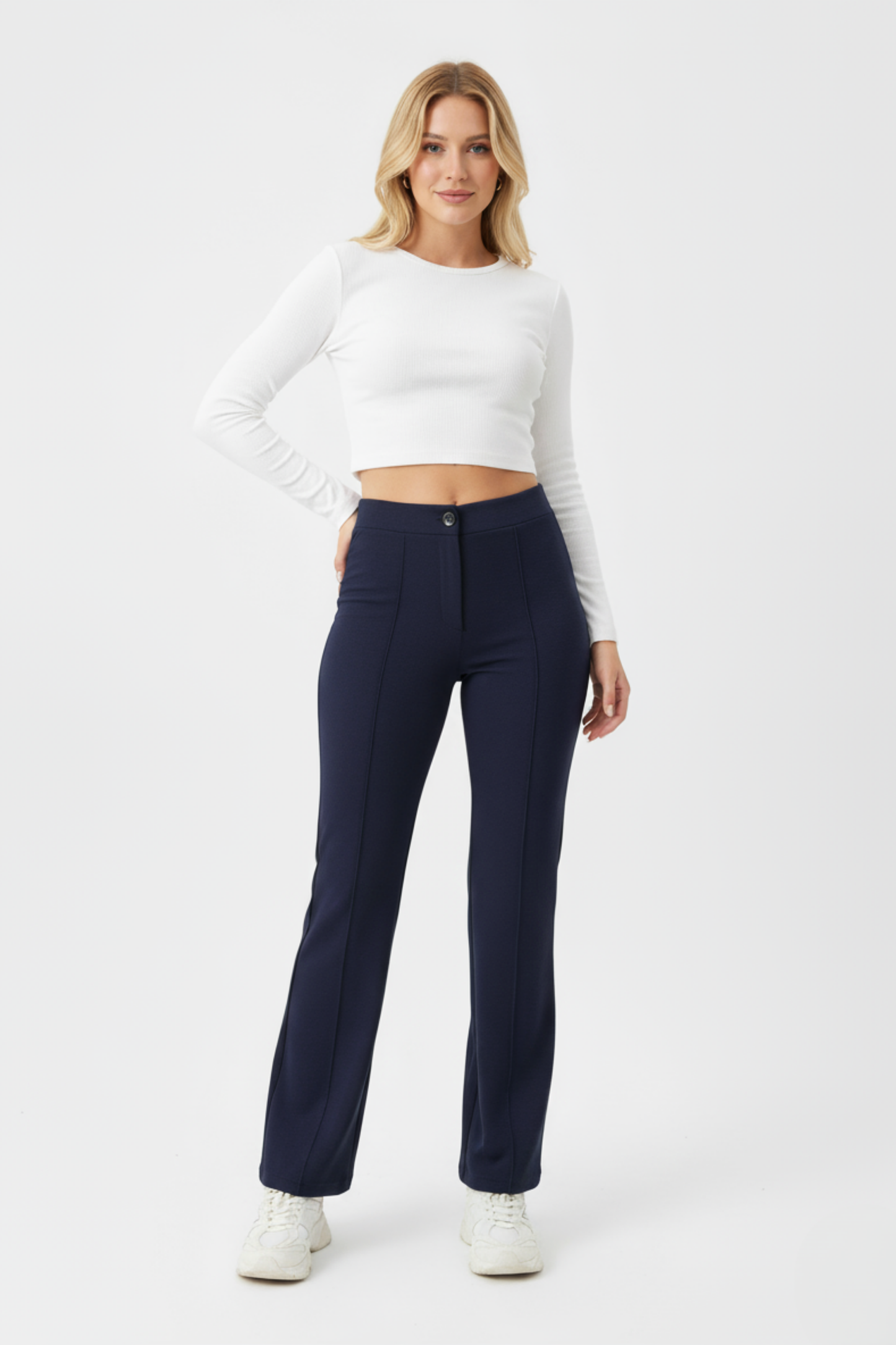 Kadın Yüksek Bel Toparlayıcı Çıma Detaylı Scuba Krep Palazzo İspanyol Paça Pantolon - Lacivert