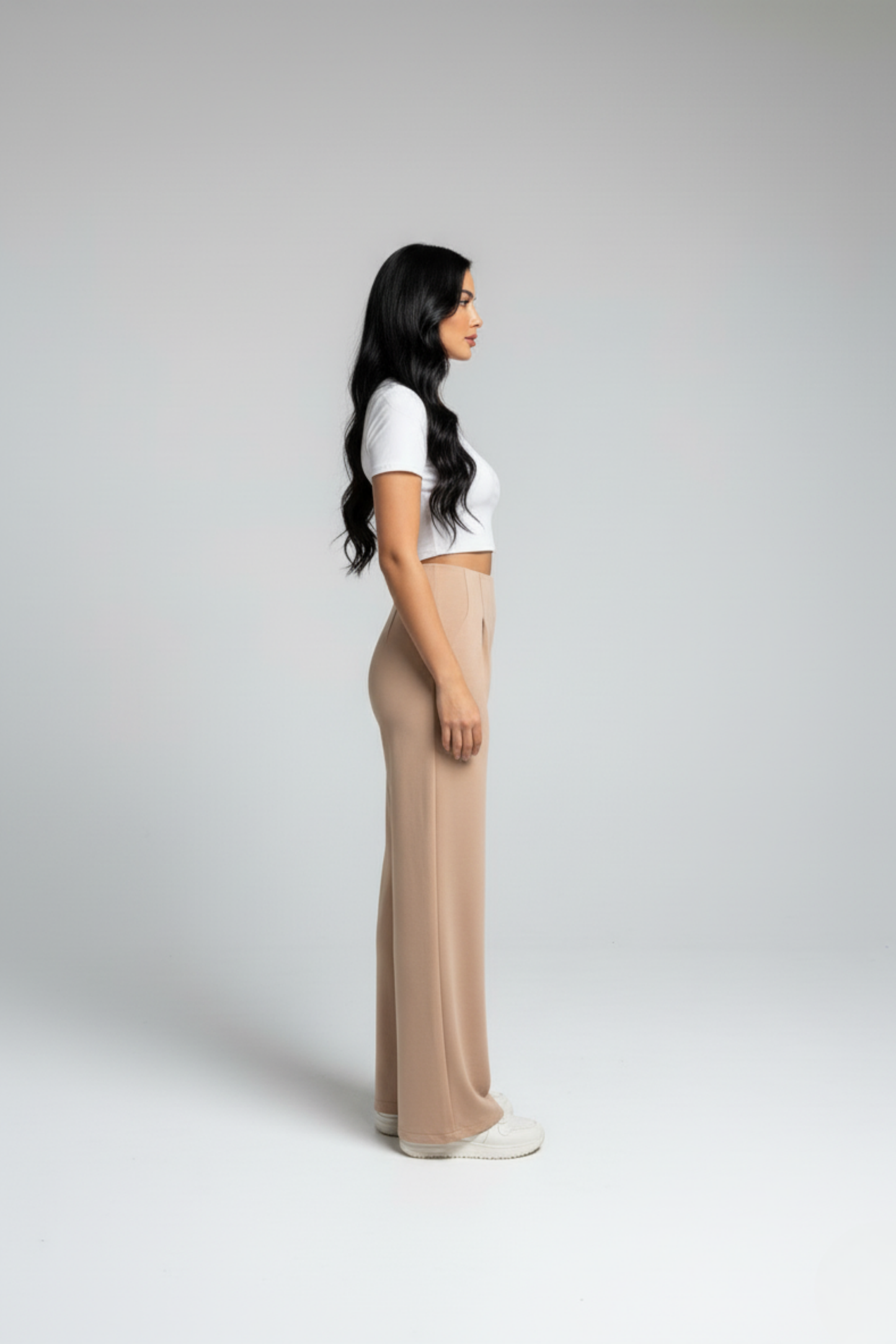 Kadın Yüksek Bel Pensli Bol Paça Krep Palazzo Pantolon – Bej