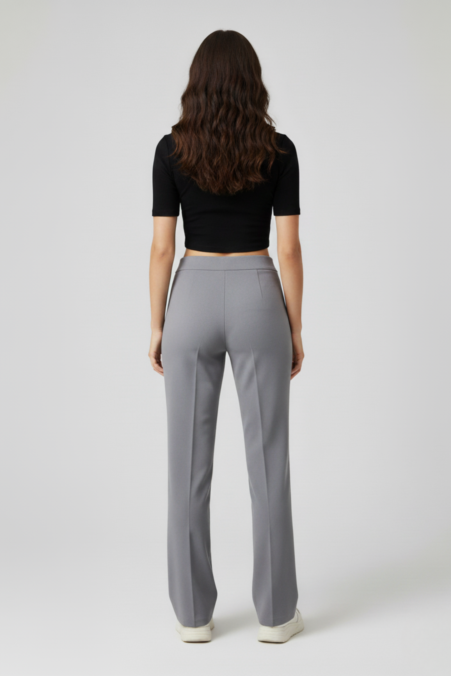 Kadın Yüksek Bel Toparlayıcı Çıma Detaylı Scuba Krep Palazzo İspanyol Paça Pantolon – Gri