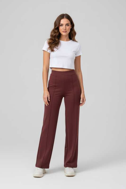 Kadın Modal Çımalı Yüksek Bel Beli Lastikli Bol Paça Pantolon - Kiremit