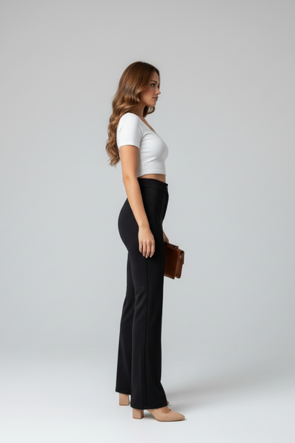 Kadın Toparlayıcı Çıma Detaylı Yüksek Bel Scuba Krep Palazzo Pantolon - Siyah