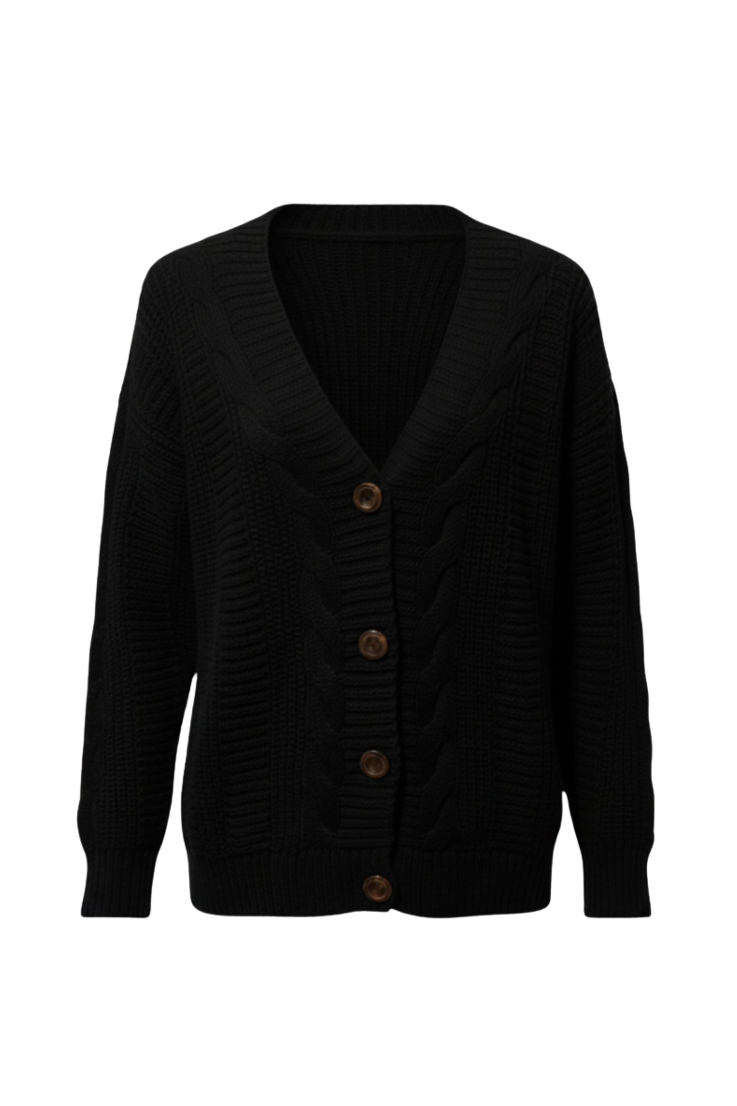 Kadın Siyah Düğmeli Kısa Triko Hırka – Burgulu Örgü Desenli