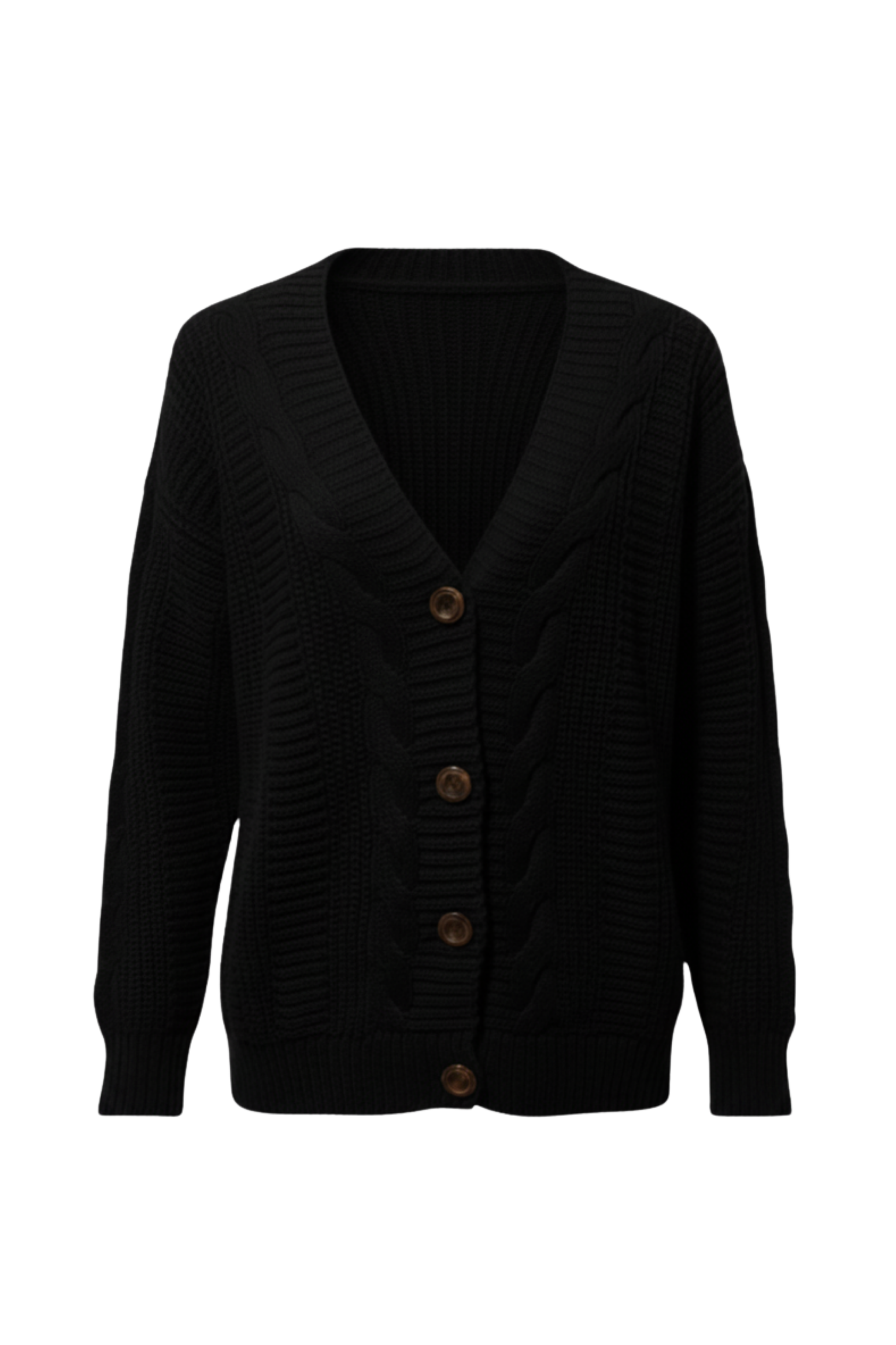 Kadın Siyah Düğmeli Kısa Triko Hırka – Burgulu Örgü Desenli