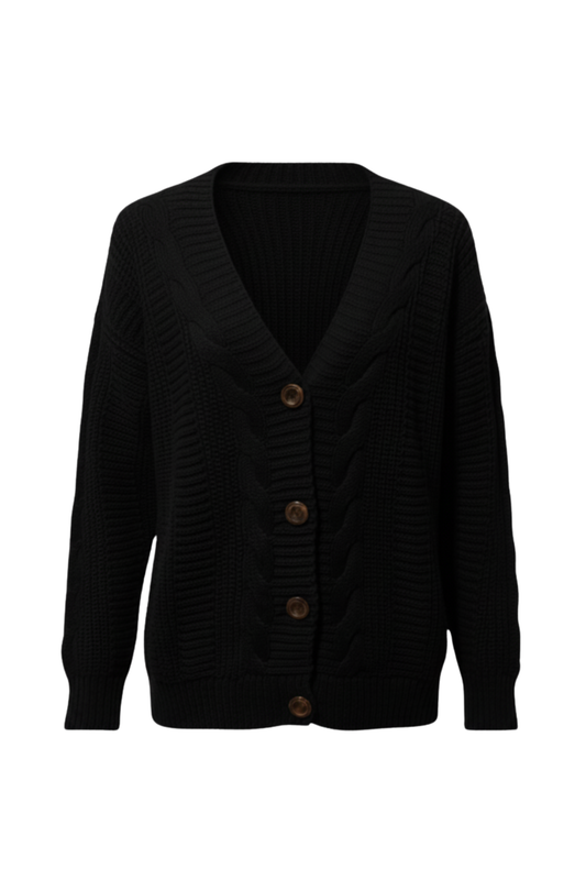 Kadın Siyah Düğmeli Kısa Triko Hırka – Burgulu Örgü Desenli