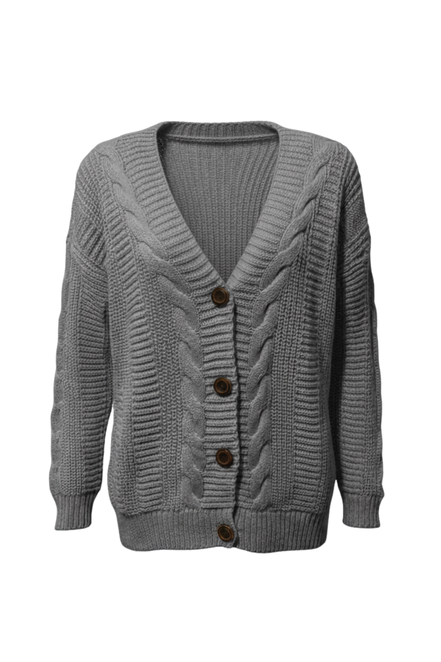 Kadın Gri Düğmeli Kısa Triko Hırka – Burgulu Örgü Desenli