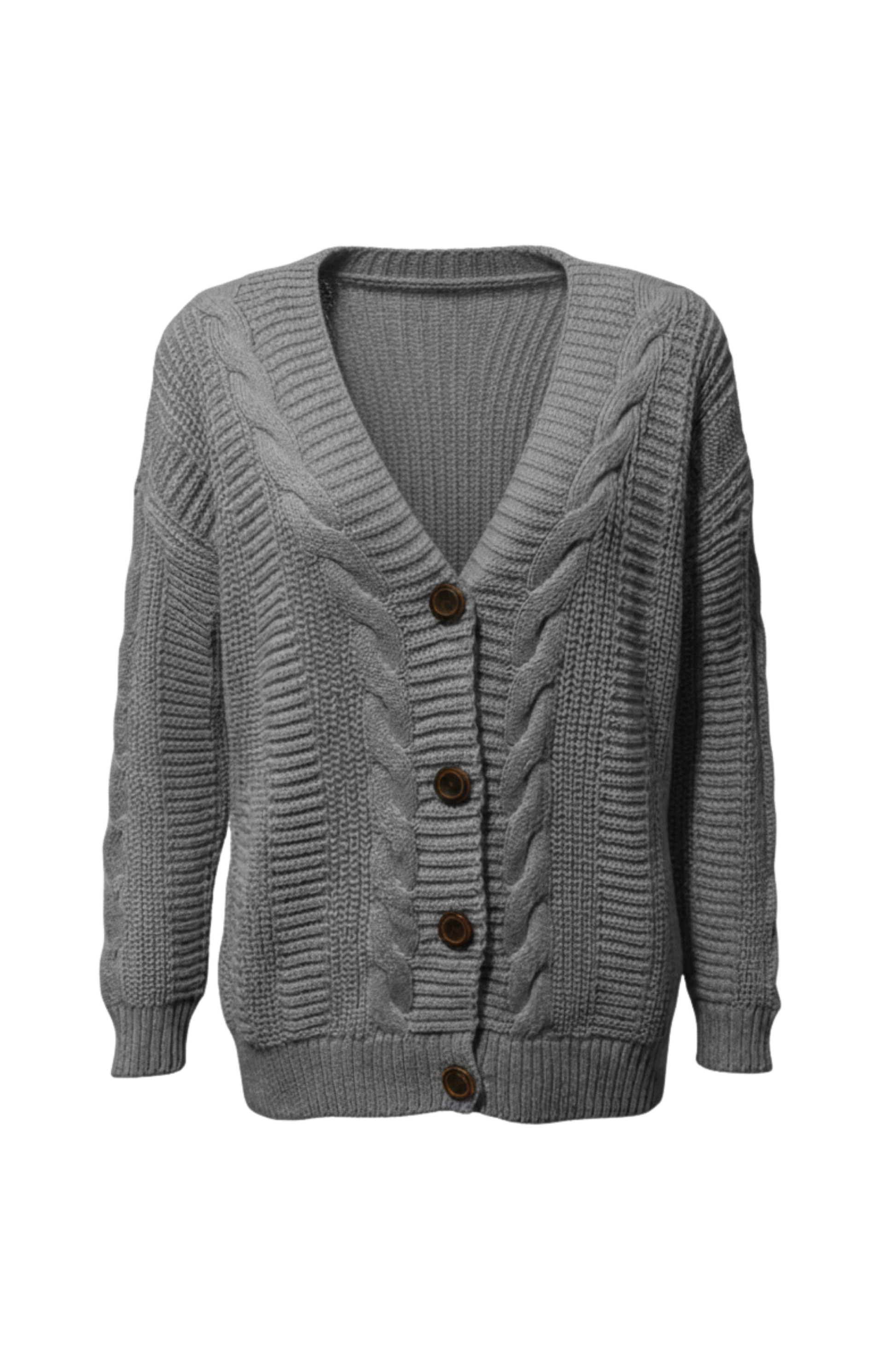 Kadın Gri Düğmeli Kısa Triko Hırka – Burgulu Örgü Desenli