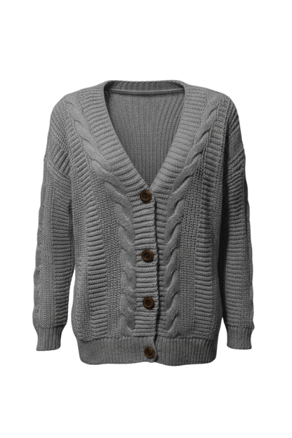 Kadın Gri Düğmeli Kısa Triko Hırka – Burgulu Örgü Desenli