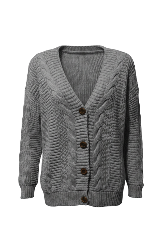 Kadın Gri Düğmeli Kısa Triko Hırka – Burgulu Örgü Desenli