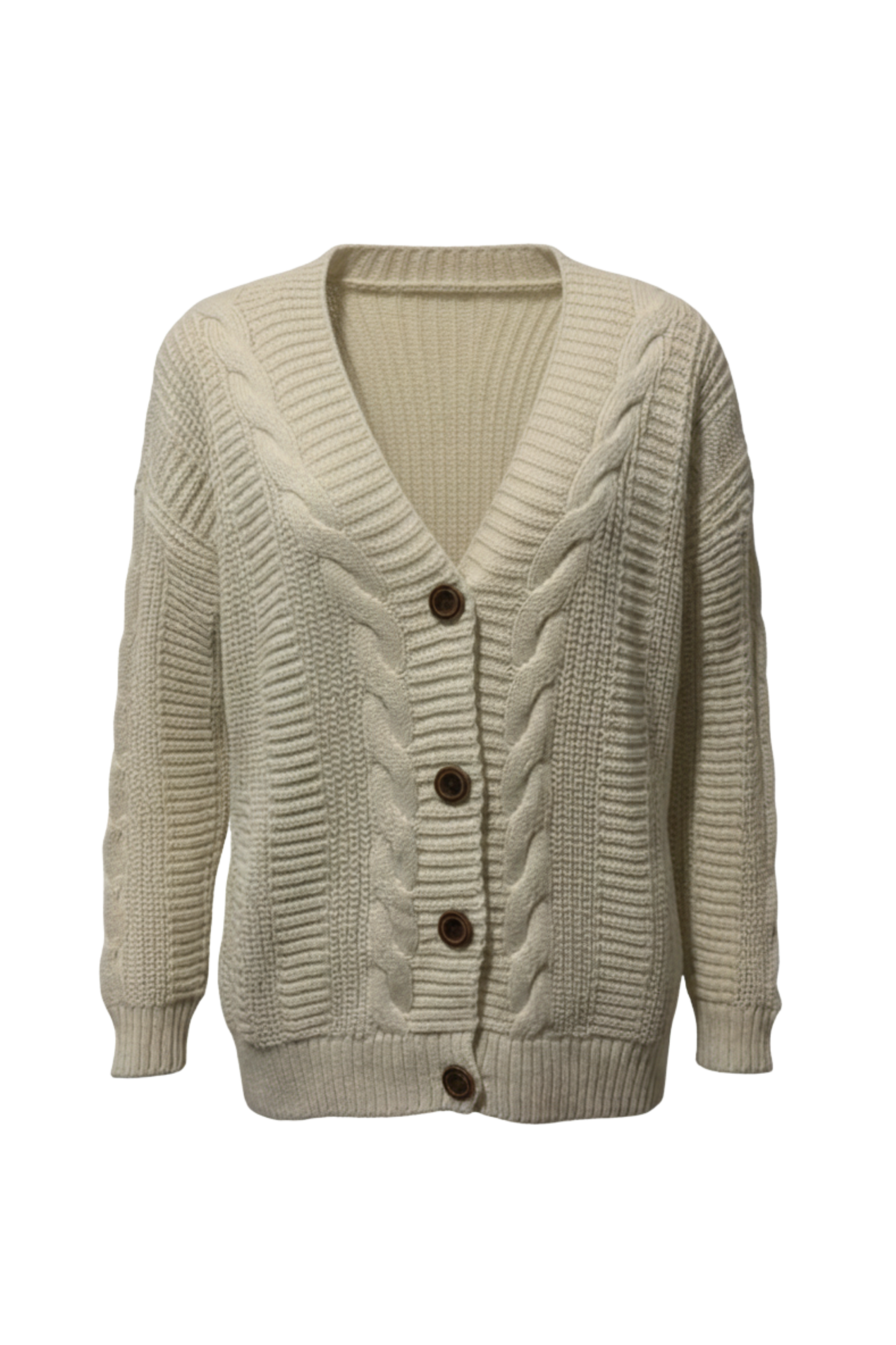 Kadın Krem Düğmeli Kısa Triko Hırka – Burgulu Örgü Desenli