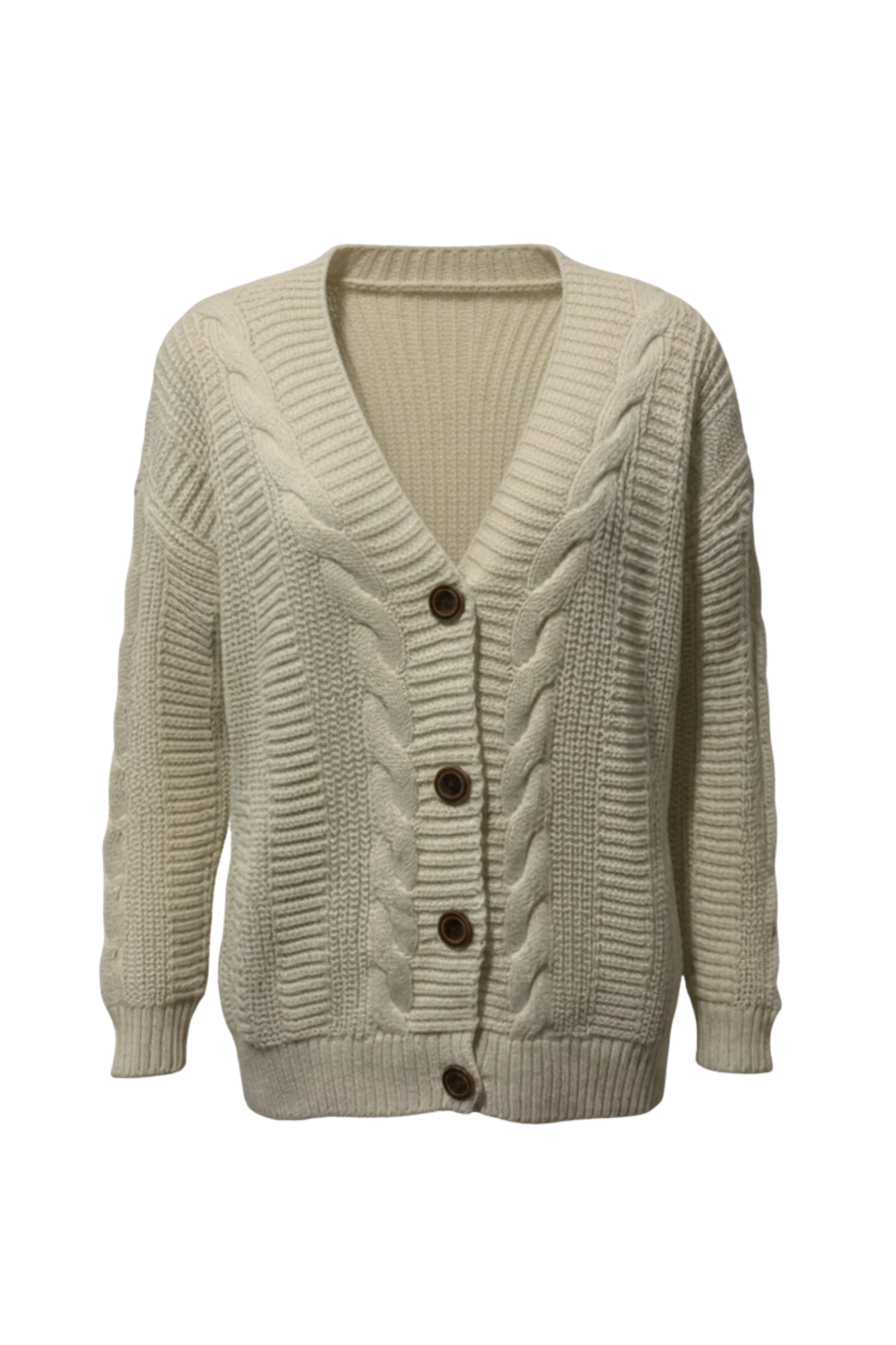 Kadın Krem Düğmeli Kısa Triko Hırka – Burgulu Örgü Desenli