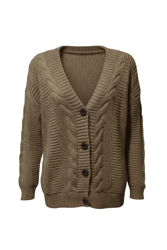 Kadın Kahve Düğmeli Kısa Triko Hırka – Burgulu Örgü Desenli