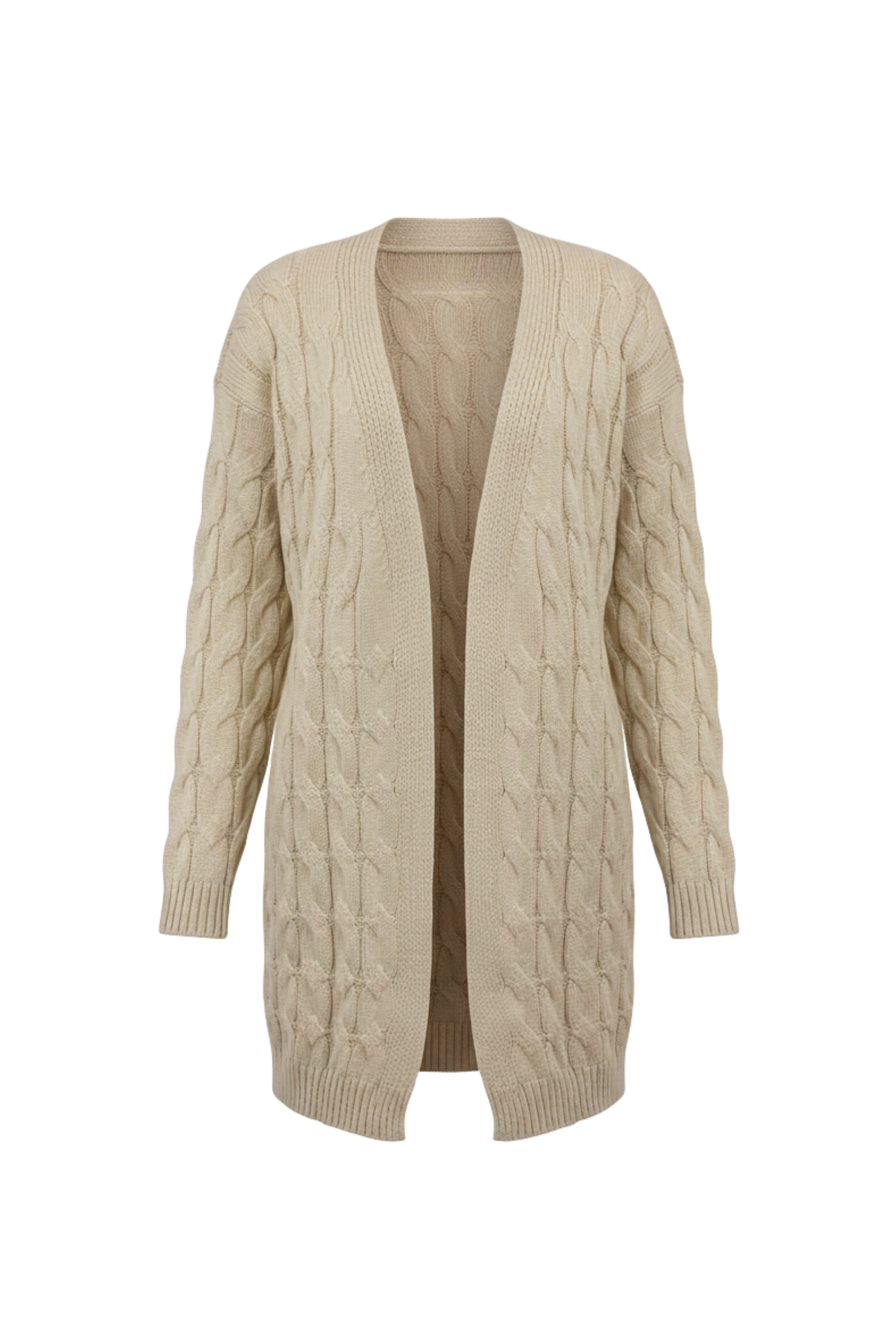 Kadın Bej Uzun Oversize Triko Hırka – Burgulu Örgü Desenli