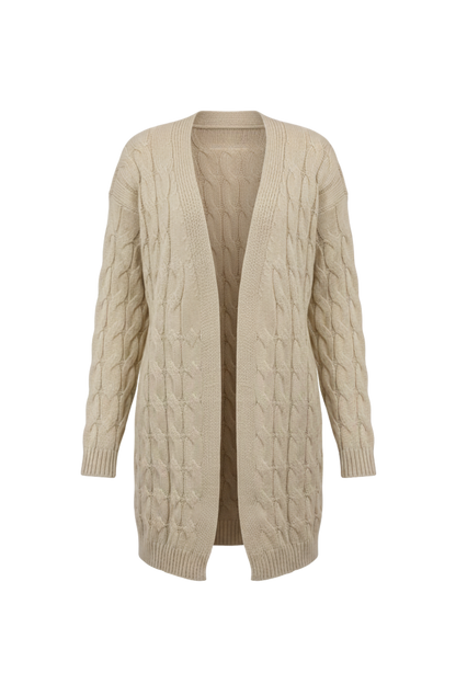 Kadın Bej Uzun Oversize Triko Hırka – Burgulu Örgü Desenli