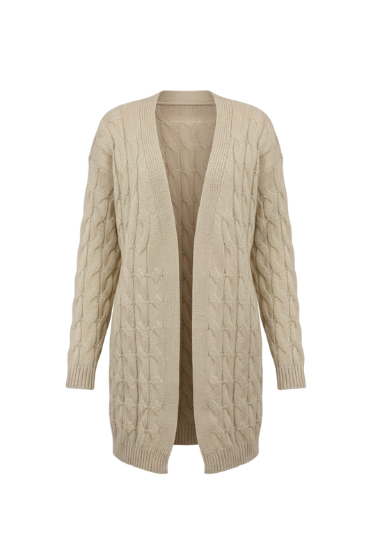 Kadın Bej Uzun Oversize Triko Hırka – Burgulu Örgü Desenli