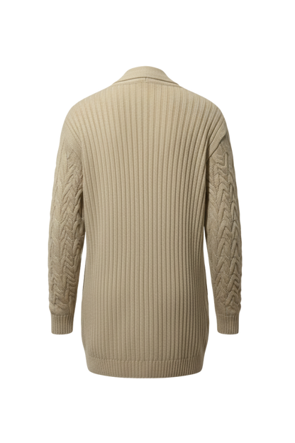 Kadın Bej Uzun Oversize Triko Hırka – Burgulu Örgü Desenli