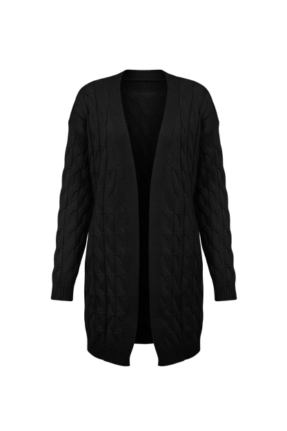 Kadın Siyah Uzun Oversize Triko Hırka – Burgulu Örgü Desenli