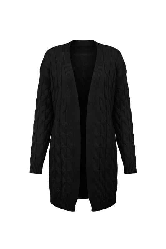 Kadın Siyah Uzun Oversize Triko Hırka – Burgulu Örgü Desenli