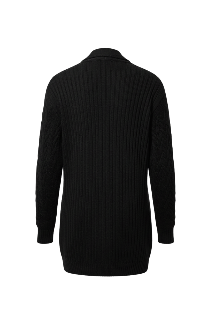 Kadın Siyah Uzun Oversize Triko Hırka – Burgulu Örgü Desenli