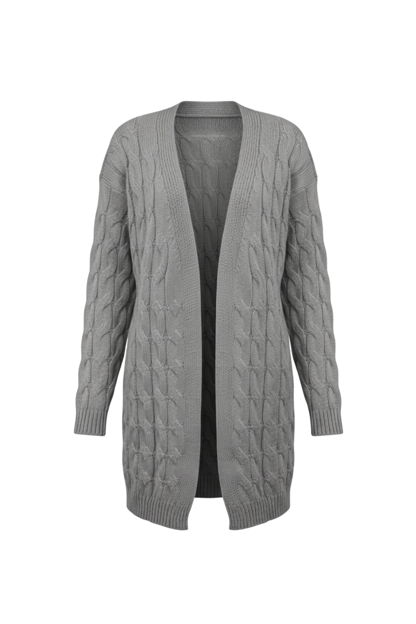 Kadın Gri Uzun Oversize Triko Hırka – Burgulu Örgü Desenli