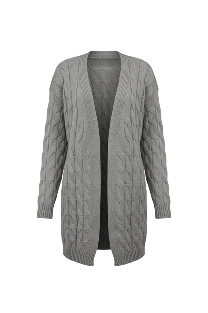 Kadın Gri Uzun Oversize Triko Hırka – Burgulu Örgü Desenli