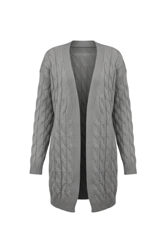 Kadın Gri Uzun Oversize Triko Hırka – Burgulu Örgü Desenli