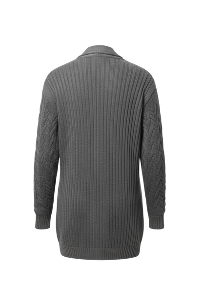 Kadın Gri Uzun Oversize Triko Hırka – Burgulu Örgü Desenli