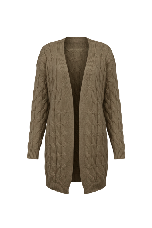 Kadın Kahve Uzun Oversize Triko Hırka – Burgulu Örgü Desenli