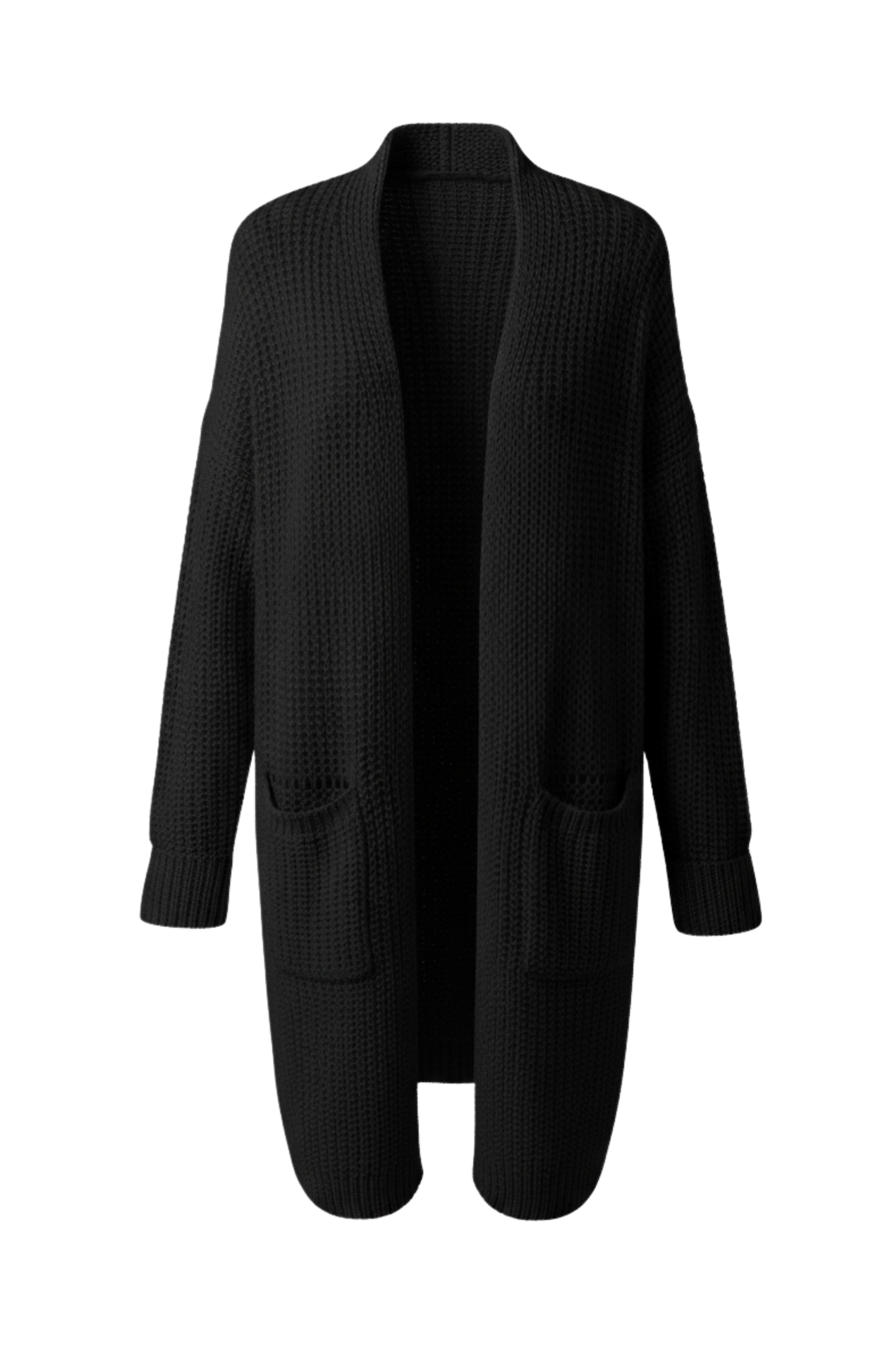 Kadın Siyah Uzun Oversize Örgü Hırka – Cepli Kalın Triko