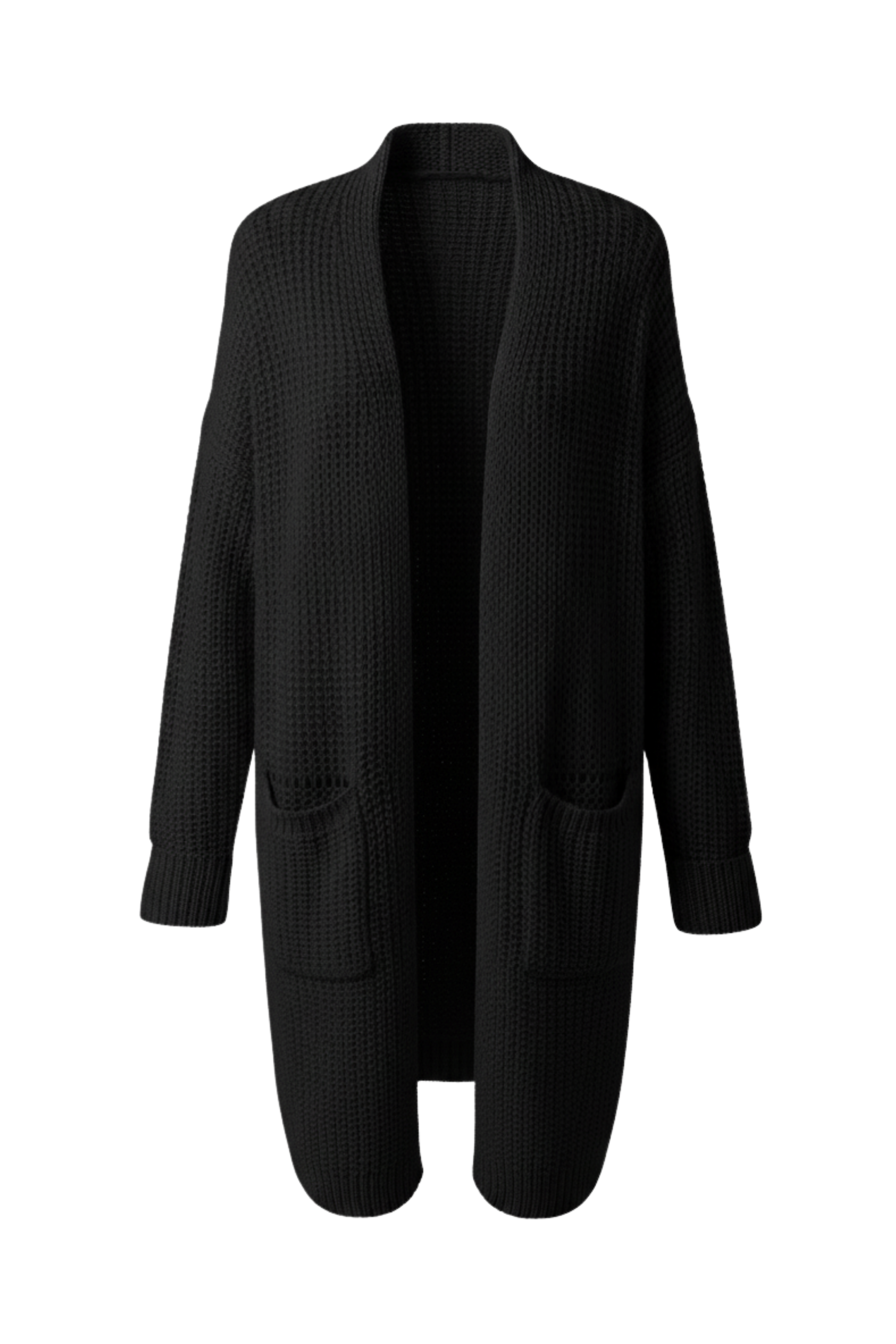 Kadın Siyah Uzun Oversize Örgü Hırka – Cepli Kalın Triko